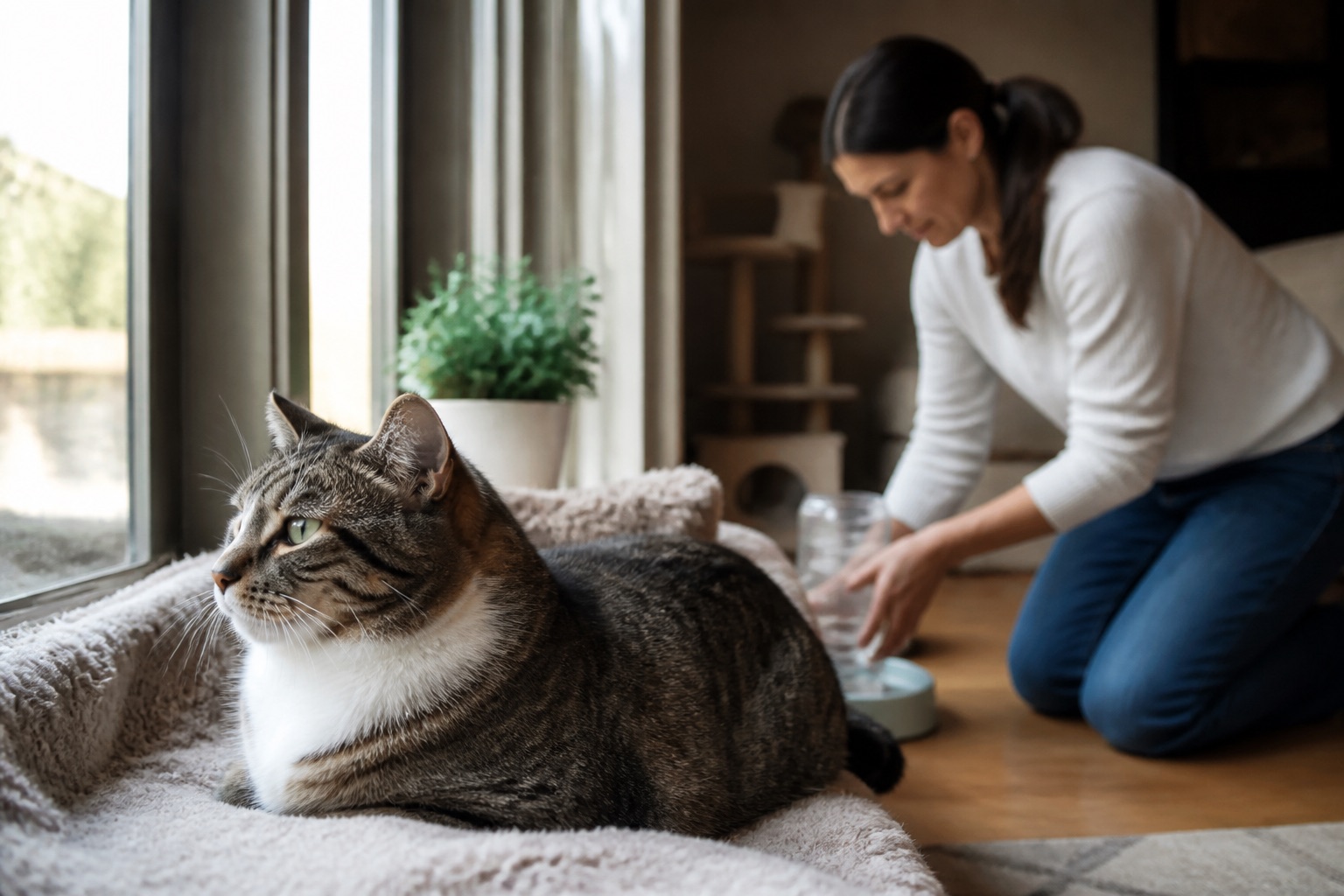 自宅のベッドで落ち着いて過ごす猫