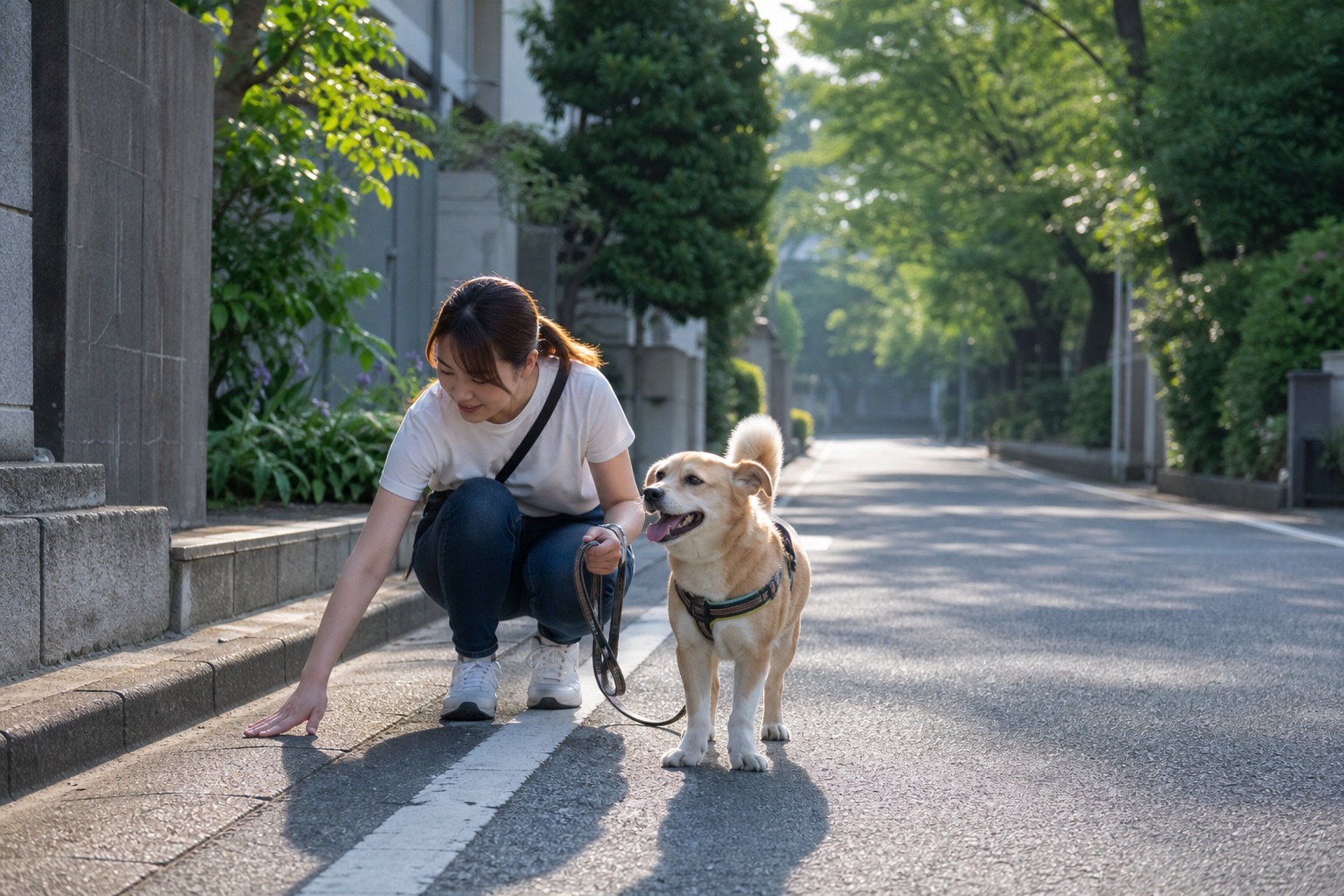 安全なハーネスで散歩する小型犬