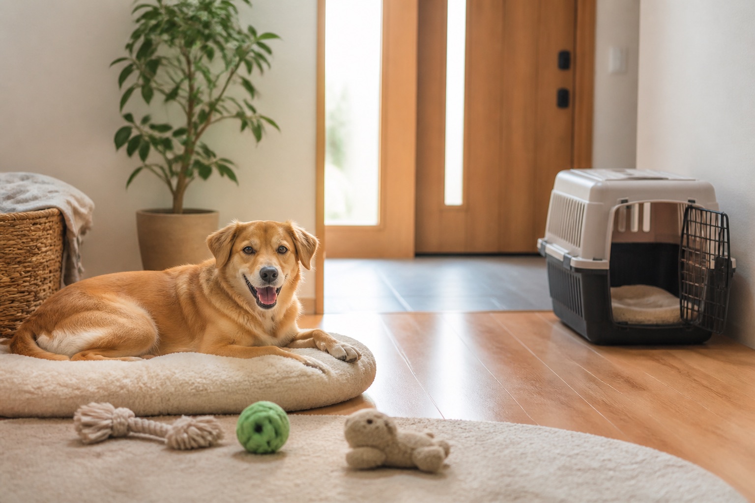 自宅でくつろぐ犬と預かり施設のイメージ