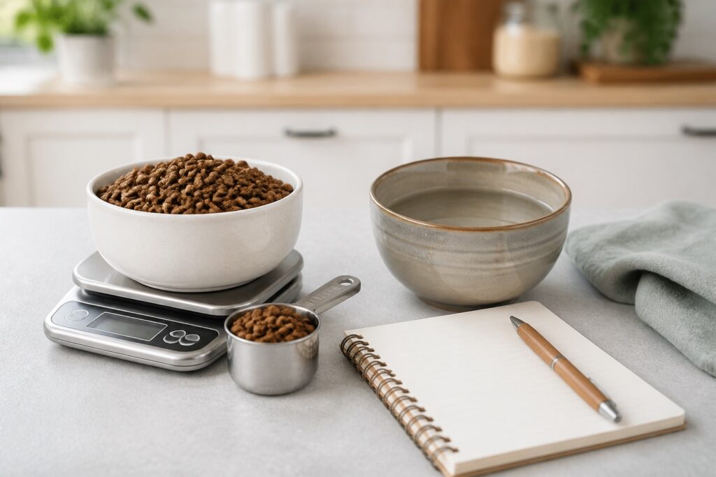 ペットのごはんを一食分ずつ準備する飼い主