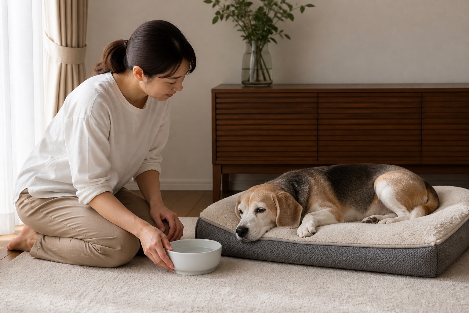 柔らかなベッドで休むシニア猫