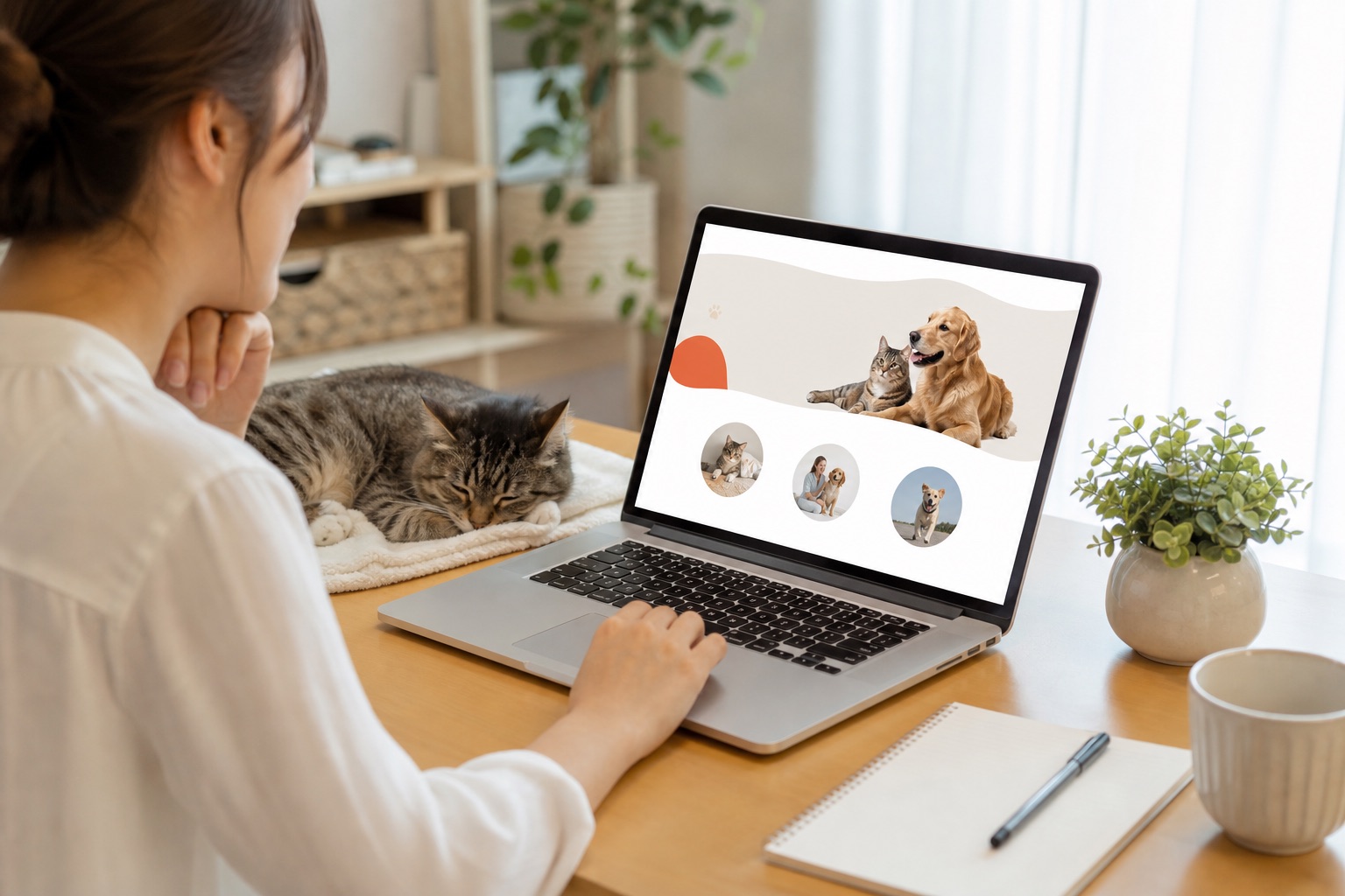 犬と猫に挨拶するペットシッター